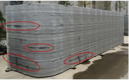 Figure 1: Signs of pronounced local water-intake (highlighted) at the layer interfaces, presumably due to high porosity of the interlayer, photo by V