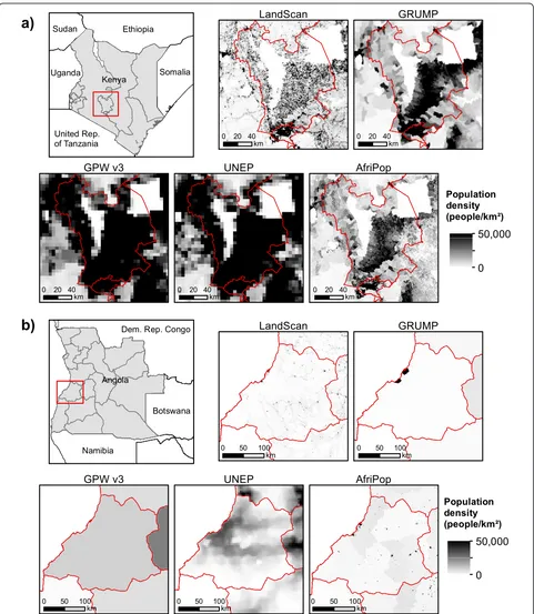 Figure 3 Selected examples of existing global and continental population datasets. LandScan 2008, GRUMP beta version, GPW3, UNEPAfrica and AfriPop for a) a region in Kenya where census data is very detailed and b) a region of Angola where census data is coarse.