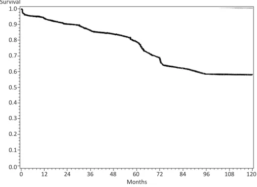 Figure 1 Progression Free Survival. Kaplan-Meier survival curve for 197 patients with Stage II colon  cancer treated at Sparrow Hospital from 1996-2006.