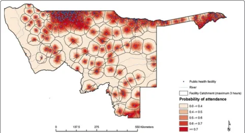 Figure 5 Map of northern Namibia showing health facility catchment areas developed using the modelled travel time to the nearestpublic health facility overlaid with the probability of attendance of a public health facility by children less than five years 