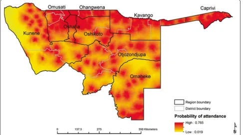 Figure 3 Map of probability of attendance for treatment fever by children under the age of five years at the nearest health facilitybased on the MIS 2009