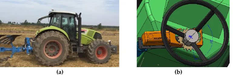 Figure 1. Intelligent tractor platform. (a) Tractor platform; (b) Steering configuration.