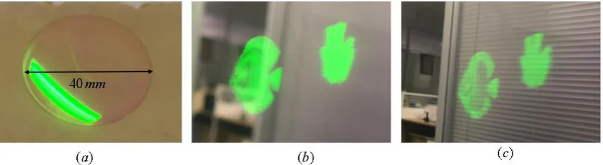 Figure 11. Optical experiment results: (a) Fabricated HOE; (b) Focused on Fish (1.2m); 