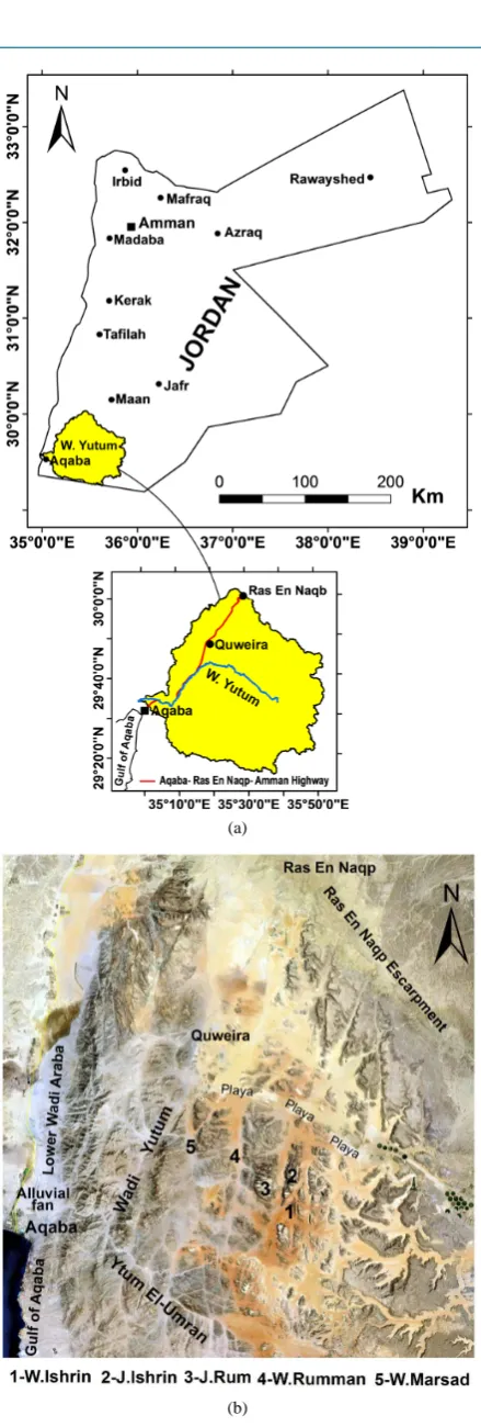 Figure 1. (a) The study area; (b) Google Earth Pro Image (2013) for W. Yutum watershed