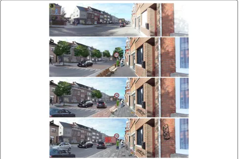 Fig. 1 The basic photograph (a) and the manipulated best (b), medium (c) and worst (d) street