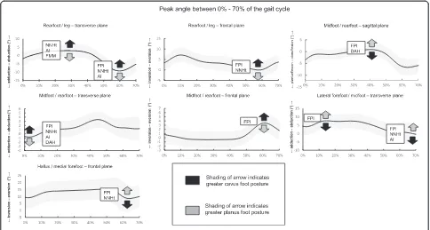Fig. 4 Average ensemble and retained foot posture measures for peak kinematic variables included in regression analyses with indication of thedirection of relationship with foot posture measure