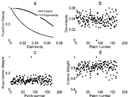 Figure 1. (a) Exponential and cosine weighting function; (b) Dissimilarity measurement of the pixel (20, 20) of house 