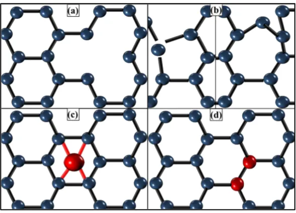 Figure 6. Structural defects in graphene: (a) vacancy; (b) pentagon-heptagon; (c) adatom; and (d) dopant