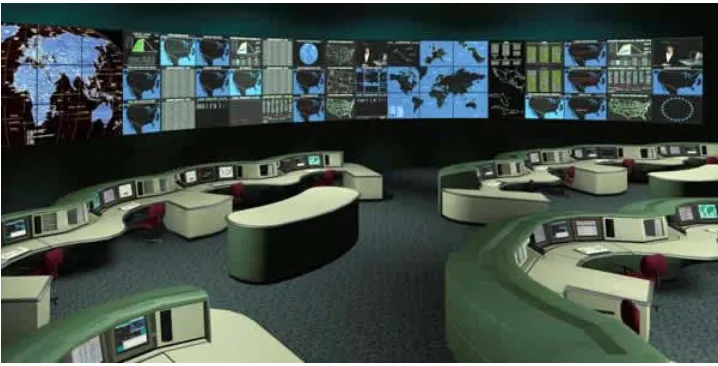 Figure 1: View of AT&T’s large NOC with large wall displays showing network maps. (Source: Wei et al