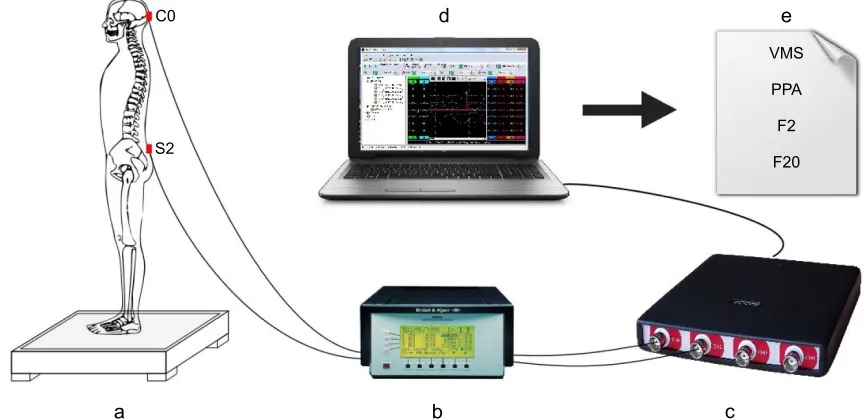 Figure 1 Scheme of vibration platform (a: 2 Hz electrodynamic vibrator; b: 20 Hz electrodynamic vibrator; c: compression springs; d: accelerometer for control; e: plate of platform; f: microcontroller).