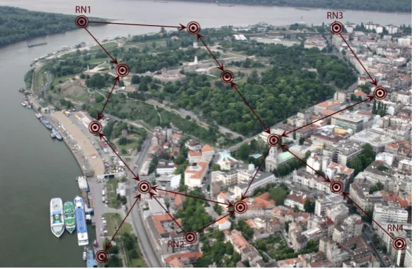 Figure 2. An example sensor network used in smart-city applications with multiple (four) referencenodes