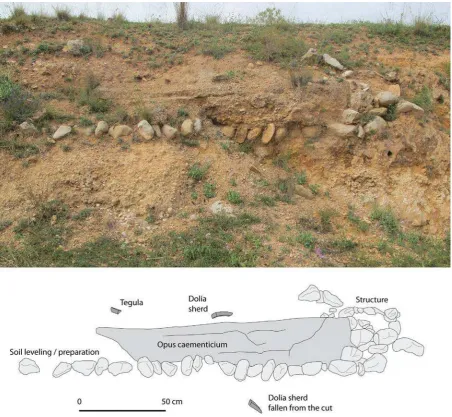 Fig. 7. Roadside soil proﬁle at Pla' de l'Assut site where remains of a Roman construction and material are visible.