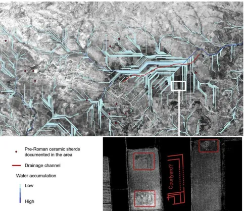Fig. 3. Water accumulation and detail of buried structures at the Calabarra area.