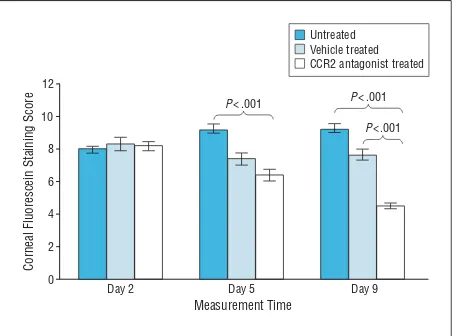 Figure 1. Corneal fluorescein staining score. Topical chemokine receptor 2(CCR2) antagonist treatment produced a significant decrease in cornealfluorescein staining compared with the untreated group at day 5 and withboth the untreated and vehicle-treated g