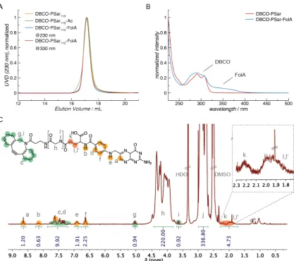 Figure 5. Characterization of DBCO-PSar ligands for post-shielding of polyplexes. A) GPC elugrams of DBCO-PSar in HFIP with different end groups