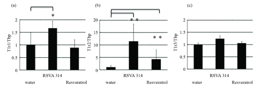 Figure 3. Resveratrol (30 μM) and RSVA314 (3 μM) altered T1r2 transcript levels of MIN 6 cells in the medium with 25 mM glucose