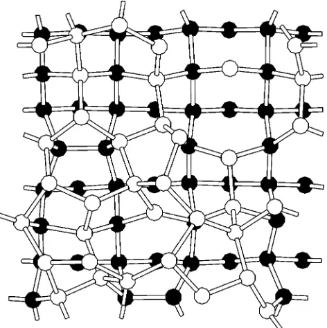 FIG. 4. Plan view of an amorphous-crystal interface with thesame colors as in Fig. 1. One dimer defect in the crystalline region