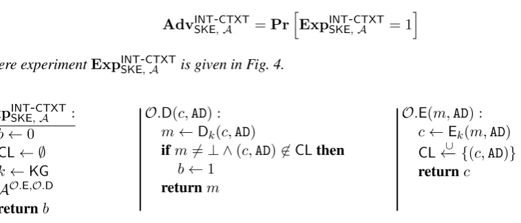 Figure 4: The experiment deﬁning ciphertext integrity (INT-CTXT) for symmetric encryption.