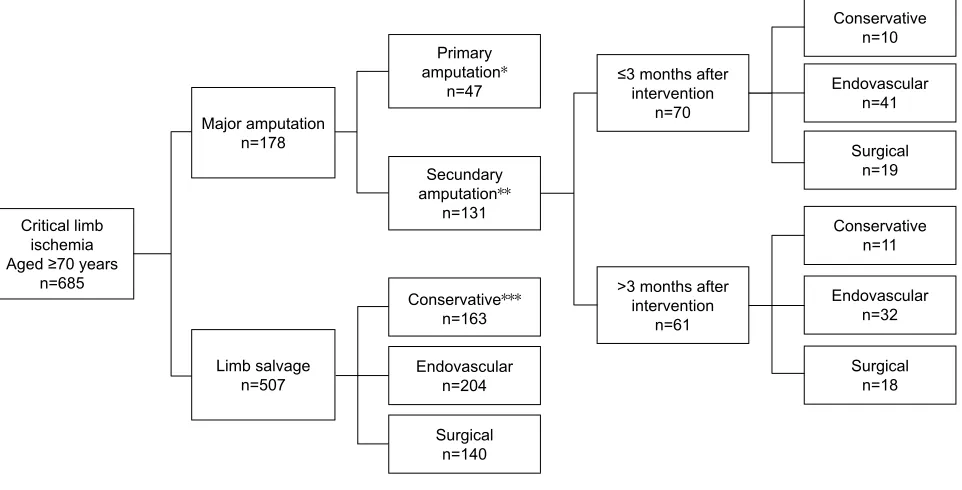 Figure 1 Patient selection.Notes: numbers presented are the number of treated legs. *Primary amputation: no attempt of revascularization