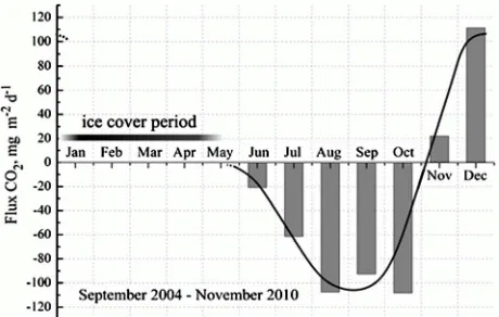 Figure 3. Average diurnal variation of carbon dioxide flux in the littoral zone of Lake Baikal during the ice-free period 