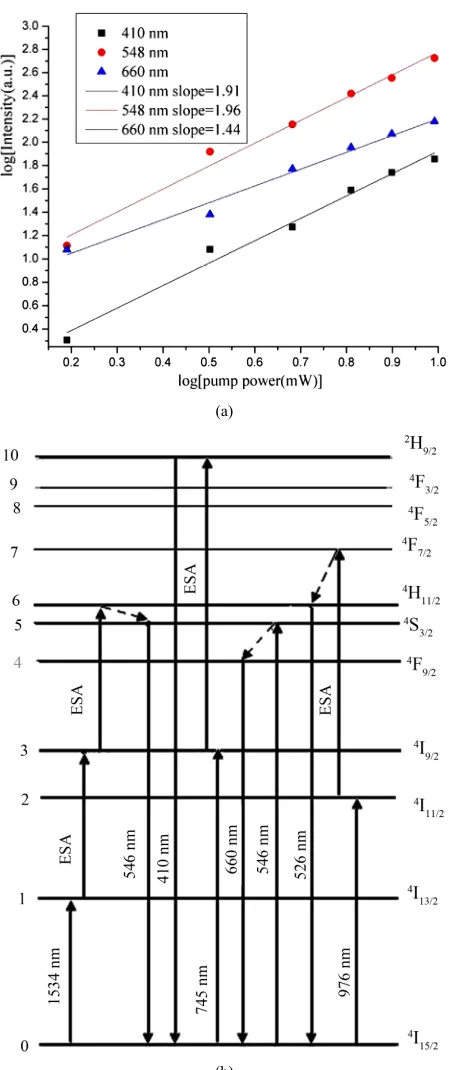 Figure 6. (a) Up-conversion luminescence intensity as a function of the pump power at 976 nm