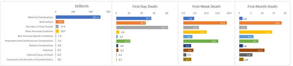 Figure 4. Cause-specific mortality rate of perinatal outcomea  by age at perinatal death, 2014 United States resident birthsb with a specified cause of deathc                  
