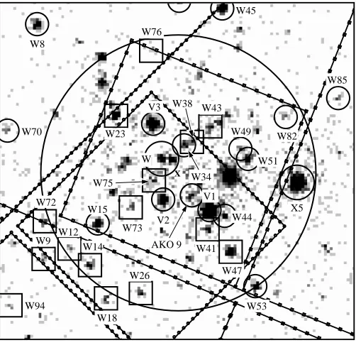 Fig. 2.Again, the—Close-up of the central region of Fig. 1, using the same labels. HST positions, globally shifted to the Chandra frame, are usedfor plotting the positions of the optical IDs.