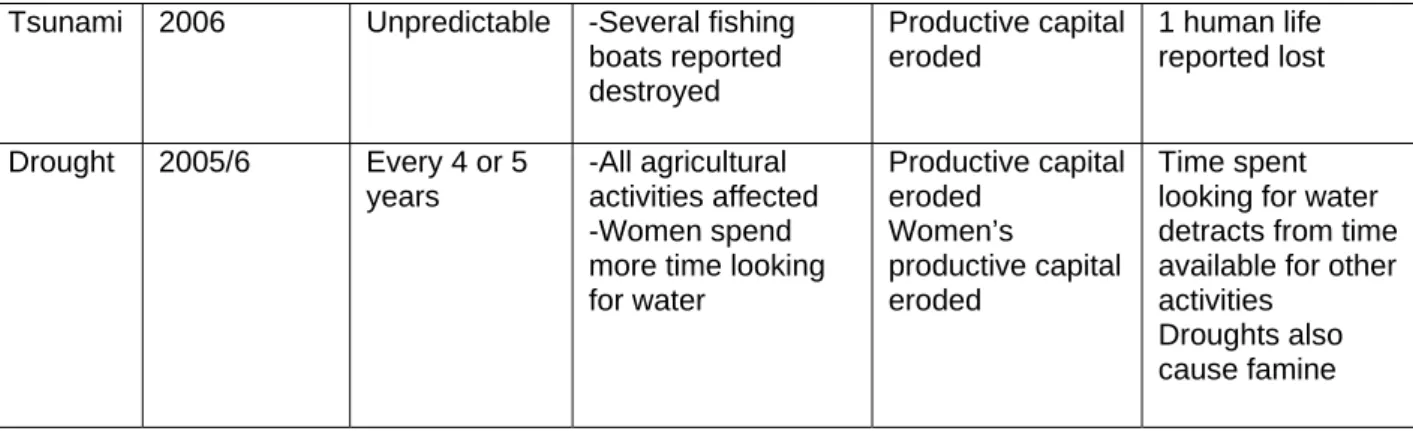 Table 8 illustrates this by summarizing recent disasters experienced in Mombasa, Kenya,  and shows the erosion of multiple assets that predictably has included physical, productive  and human capital