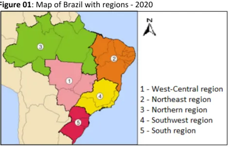 Figure	
  01:	
  Map	
  of	
  Brazil	
  with	
  regions	
  -­‐	
  2020	
  