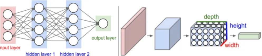 Figure 2.1: Basic structure of Neural network and 3D representation of the Convolutional network