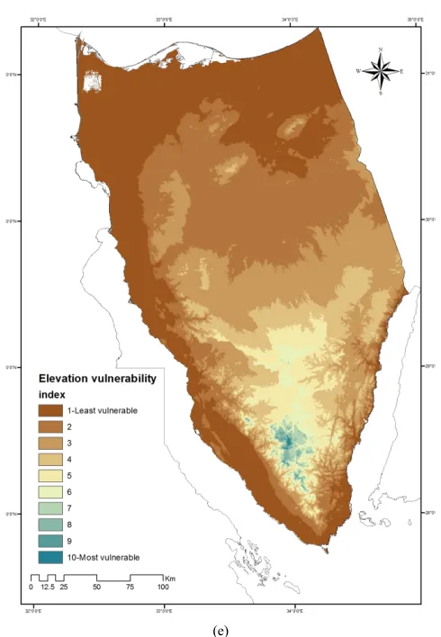 Figure 4. Standardized factors maps for land stability theme: (a) Seismic magnitudes zones; (b) Stream density; (c) Slope; (d) Fault density; (e) Elevation zones