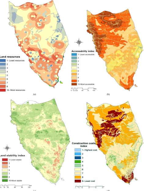 Figure 7. Themes sub-models index maps: (a) Land resource ; (b) Accessibility; (c) Land stability; (d) Construction costs