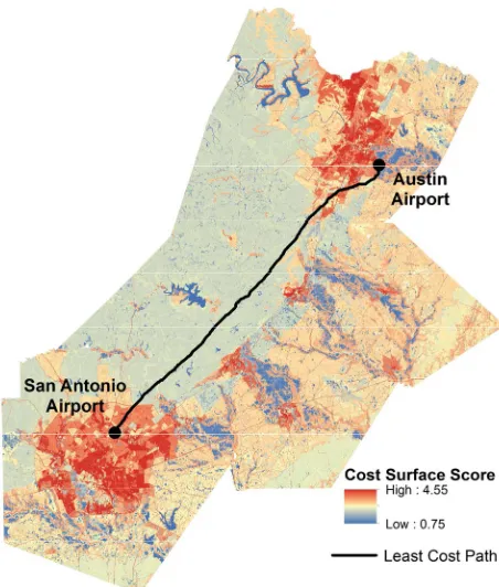 Figure 2 represents the suitability map with the short- vector line connected with pixel by pixel, however, the shape is not a curve and thus, requires a post-smoothing est path extracted