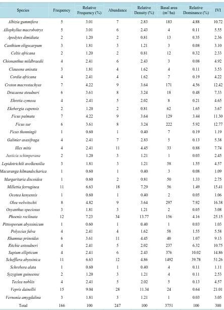 Table 3. Frequency, relative frequency, abundance, relative density, dominance, relative dominance and IVI of woody spe-cies (dbh > 5 cm) in Tula forest