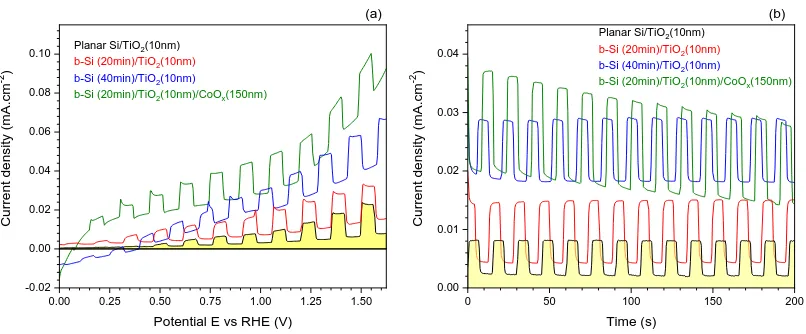 Figure 6. SEM images of as-fabricated Black-Si photoanodes etched for 20 min and coated with 10 nmTiO2 with addition of 150 nm CoOx cocatalyst.