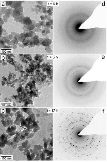 Fig. 5. HR-TEM microphotographs and corresponding SAED patterns of solids during the 