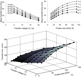 Figure 4. Relationship among mean transfer time, protein size, and transfer voltage. (a) Mean transfer time as a function of transfer voltage (5, 7, 10, 12, and 15 V); (b) Mean transfer time as a function of protein size (26, 34, 42, 52, and 72 kDa); (c) M