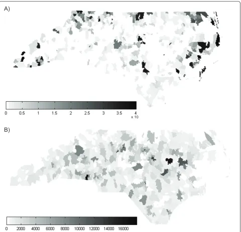 Figure 9 Maps of the A) UMBME estimated variance and B) testing population for the North Carolina HIV dataset