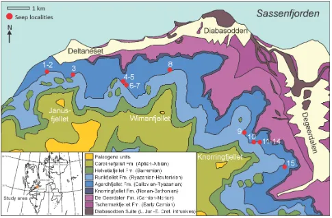 FIGURE 1. Geological map of the Late Jurassic–Early Cretaceous hydrocarbon seep carbonate localities, Spitsbergen (modified from Dallmann et al