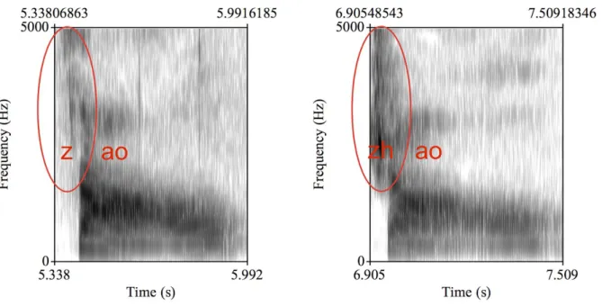 Figure 2. ​ ​SM minimal pairs task spectrograms of /zǎo/ and /zhǎo/   