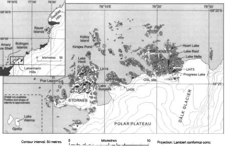 Fig. 1. Map showing sampling locations in the Larsemann Hills (courtesy ofthe Australian Antarctic Data Centre)