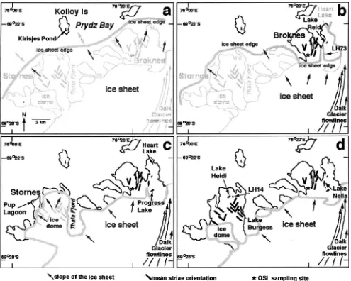 Fig. 6. Interpretive deglaciation history of the Larsemann Hills. a. Sometime preceding 40 ka BP the ice sheet covered both peninsulas, we are uncertain of the location of the ice edge and the timing of the advance is unknown