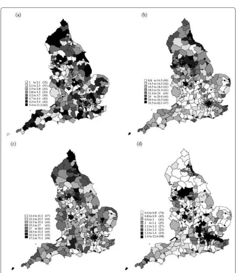 Figure 1 The spatial distribution of the components of the Townsend index, which are shown for reference: (a) percentage ofunemployed, (b) percentage of households with no car, (c) percentage of households not owned and (d) percentage of roomsoccupied by more then one person.