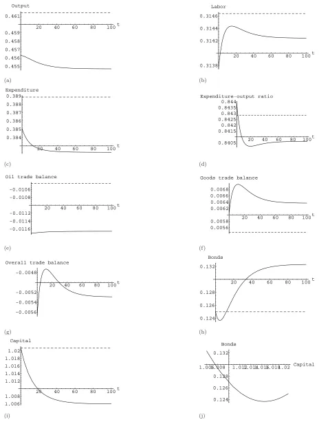 Figure 1: Dynamic eﬀects of an 100 % increase in p – benchmark economy