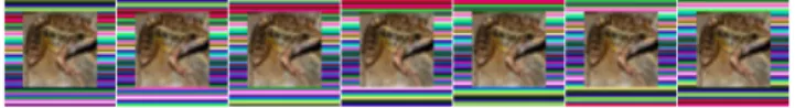 Fig. 4. The 7 frames of a short, synthesized video. The invariant image is overlaid onto a moving background of upwards scrolling horizontal lines