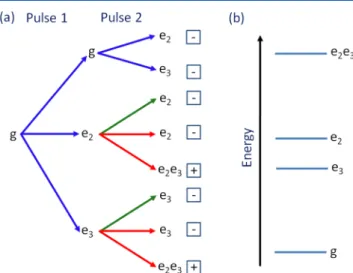 Figure 3. 2D NLPC spectra at (a,e) 1 ps, (b,f) 1 ns, (c,g) 2 ns, and (d,h) 3 ns. The directly detected spectra presented in panels (a−d) combine signal components associated with the quantum wells and continuum states