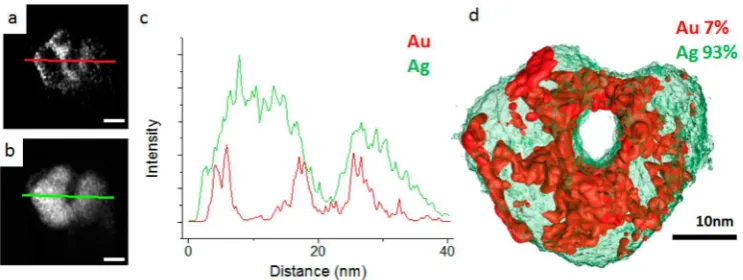 Figure 4. EDX tomogram of nanoparticle with average composition Ag93Au7 with linescan
