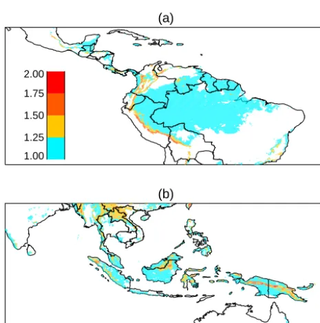 Figure 4. Distribution of the planimetric area of global tropical forests as a function of (a) elevation, (b) slope angle