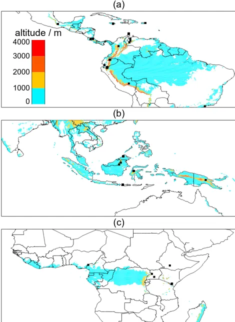 Figure 1. Location of tropical montane forest inventory plots (solidsquares) where data of above-ground biomass have been synthe-sized for this analysis in (a) neotropics (sites in Hawaii are notshown here), (b) Asia and (c) Africa