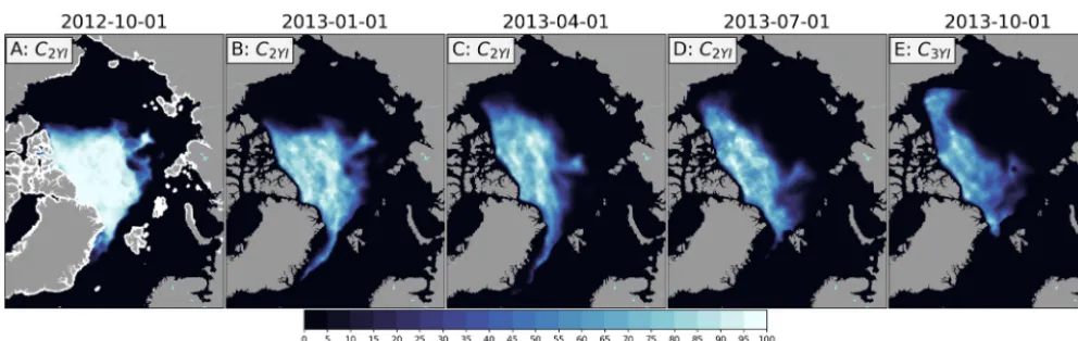 Figure 3. Example of advection of an ice fraction from 1 October 2012 to 1 October 2013 shown for every third month.